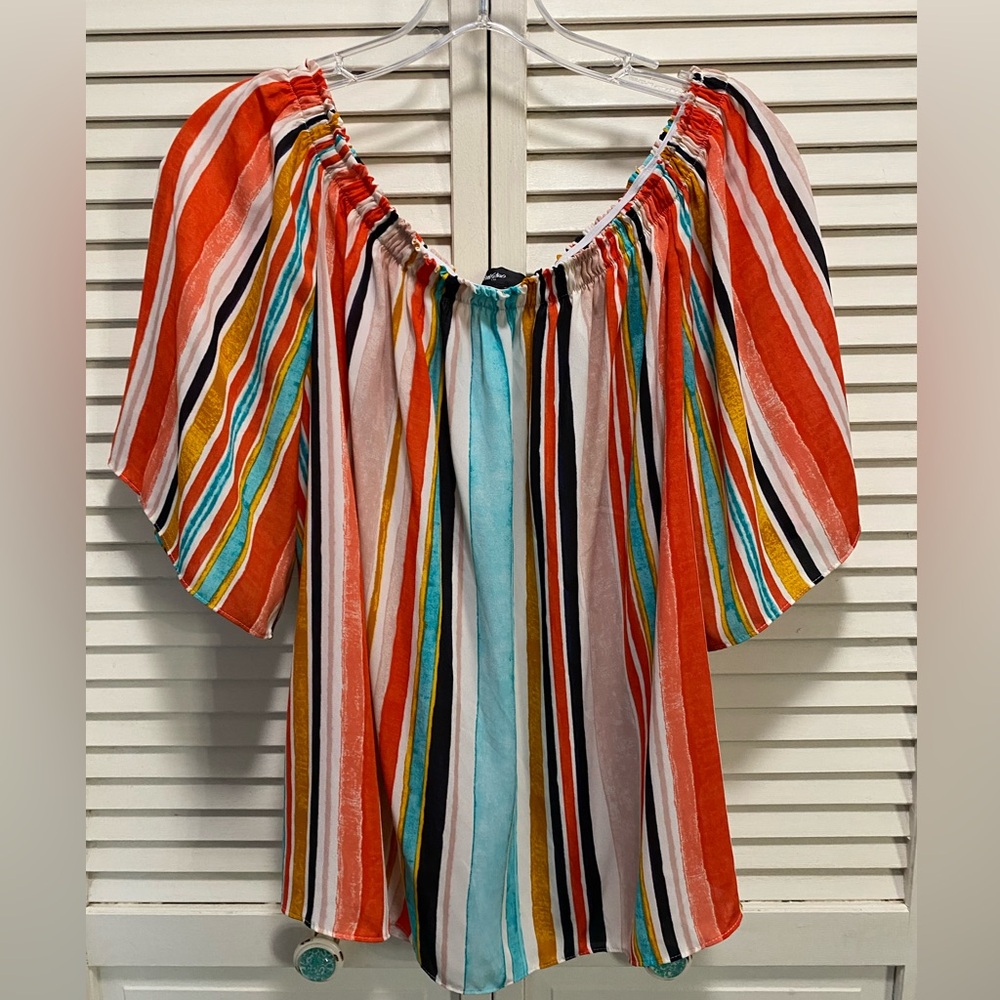 Mossimo Striped Elastic Boat Neck‎ Wide Flutter Short Sleeve Size L Off Shoulder